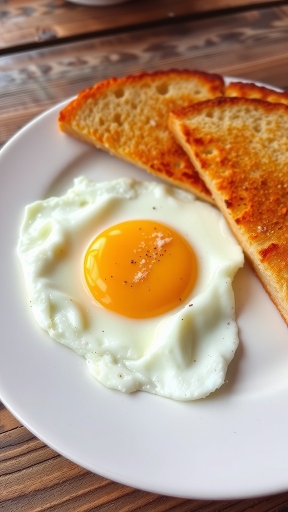 A sunny-side-up egg on a plate with toast, garnished with salt and pepper on a wooden table.